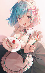  :d apron bad_id bad_pixiv_id blue_hair blush breasts cake cake_slice cleavage commentary detached_collar dress female food fork frills fruit hair_ornament holding holding_plate holding_tray looking_at_viewer maid maid_headdress open_mouth pink_ribbon plate re:zero_kara_hajimeru_isekai_seikatsu rem_(re:zero) ribbon roswaal_mansion_maid_uniform short_hair smile solo strawberry symbol-only_commentary tray ttosom white_apron x_hair_ornament 