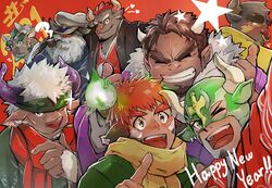  2021 6+boys ahab_(housamo) animal_ears asterius_(housamo) bara bisen_(mirion_ray) brown_eyes brown_fur brown_hair chinese_zodiac cow_boy cow_ears cow_horns dark-skinned_male dark_skin eye_black facial_hair fake_animal_ears fiery_horns forked_eyebrows furry furry_male glowing_horns goatee green_hair group_picture gyumao_(housamo) happy_new_year highres horns huge_eyebrows ikusaba_daisuke long_sideburns male_focus marduk_(housamo) minotaur multiple_boys new_year old old_man one_eye_closed orange_hair pipe_in_mouth red_hair shennong_(housamo) short_hair sideburns smoking_pipe spiked_hair taurus_mask tetsuox_(housamo) thick_eyebrows tokyo_afterschool_summoners wakan_tanka white_hair wrestling_mask year_of_the_ox 