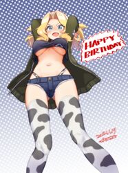  animal_print aomushi_(mushamusha) black_shirt blonde_hair blue_eyes blue_shorts bomber_jacket breasts cow_print denim denim_shorts female girls_und_panzer hair_intakes highres jacket kay_(girls_und_panzer) large_breasts long_hair midriff navel open_clothes open_jacket saunders_military_uniform saunders_school_uniform school_uniform shirt short_shorts shorts solo thighhighs underboob 