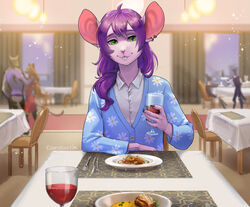  alcohol anthro beverage big_ears buckteeth carduelis clothed clothing container cup date_pov drinking_glass ear_piercing ear_ring femboy food fully_clothed furniture glass glass_container glass_cup green_eyes hair hi_res looking_at_viewer male mammal mouse murid murine piercing plate public purple_hair restaurant ring_piercing rodent shirt solo table teeth topwear whiskers wine wine_glass 