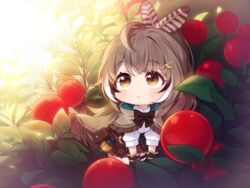  ahoge berry black_bow black_footwear blush bow bowtie brown_capelet brown_eyes brown_hair brown_legwear brown_skirt capelet chibi commentary feather_hair_ornament feathers female food fruit hair_between_eyes hair_ornament hairclip hololive hololive_english jacket kneeling long_hair long_sleeves multicolored_hair nanashi_mumei nanashi_mumei_(1st_costume) parted_lips pleated_skirt sankyaku_tako shirt skirt solo very_long_hair virtual_youtuber white_shirt 