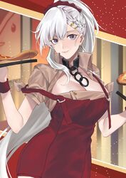  apron azur_lane beige_shirt belfast_(azur_lane) belfast_(piping-hot_perfection)_(azur_lane) blue_eyes braid breasts broken broken_chain chains cleavage earrings female food french_braid hair_ornament hair_scrunchie highres holding holding_food holding_pizza jewelry karen_ngao large_breasts long_hair low_neckline official_alternate_costume pepperoni pizza red_apron red_scrunchie scrunchie solo very_long_hair white_hair 