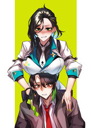  1boy absurdres behind_another black_hair black_shirt blue_hair blush breasts brown_hair brown_jacket commentary_request commission condom condom_packet_strip condom_wrapper dogs_(dlrkdejr26) earrings female girls&#039;_frontline gloves green_eyes green_hair green_nails hair_ornament hands_on_another&#039;s_shoulders highres holding holding_condom jacket jewelry korean_commentary large_breasts light_blue_hair long_hair long_sleeves looking_at_another mole mole_under_eye multicolored_hair nail_polish necktie open_mouth original python_(girls&#039;_frontline) ring scar shirt shooting_gloves short_hair simple_background smile star_pin streaked_hair sweat two-tone_background two-tone_hair wedding_ring white_jacket white_necktie white_shirt 