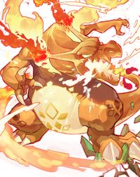  absurdres breath_weapon breathing_fire charizard claws colored_sclera fire flame-tipped_tail gigantamax gigantamax_charizard glowing highres no_humans open_mouth pokemon pokemon_(creature) rock solo standing tapioka_chaso yellow_sclera 