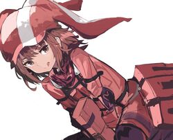  :q alchemaniac bandana brown_eyes brown_hair commentary dutch_angle female hat jacket llenn_(sao) long_sleeves looking_at_viewer medium_hair pink_jacket red_bandana simple_background sitting smile solo sword_art_online sword_art_online_alternative:_gun_gale_online tongue tongue_out white_background 