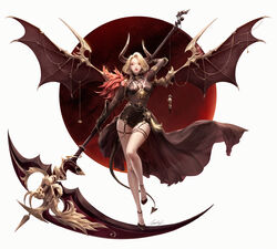  absurdres arm_up armor black_footwear black_gloves black_skirt black_wings blonde_hair breasts cleavage demon_girl demon_tail elbow_gloves fantasy female full_body garter_straps gloves highres holding holding_scythe horns lizchief looking_at_viewer medium_breasts moon original parted_lips pencil_skirt red_eyes red_moon scythe short_hair simple_background skirt skull solo tail tassel white_background wings 