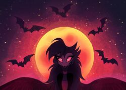  anthro avian bat bird clothed clothing cuttoncandyhair demon female helluva_boss looking_at_viewer mammal moon night octavia_(helluva_boss) open_wings owl solo space star wings 