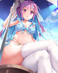  :o absurdres beach_umbrella bikini blue_hair blue_nails blue_sky blunt_bangs bow bow_bikini braid breasts cleavage collared_bikini colored_inner_hair crossed_legs day female from_below hair_ribbon highres hololive layered_bikini light_particles light_rays long_hair medium_breasts minato_aqua mogmog multicolored_hair nail_polish navel open_mouth purple_eyes purple_hair ribbon sitting sky stool streaked_hair striped_bikini striped_clothes sweat swimsuit thighhighs two-tone_hair umbrella virtual_youtuber wet white_thighhighs 