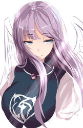  angel angel_wings bad_id bad_twitter_id blue_dress blue_eyes blue_hair brooch closed_mouth commentary dress feathered_wings female happy highres jewelry kamiya_ueshi long_hair long_sleeves looking_away multiple_wings sariel_(touhou) seraph shirt sidelocks simple_background smile touhou touhou_(pc-98) upper_body very_long_hair white_background white_shirt white_sleeves wings 