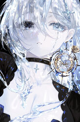  black_choker black_eyes black_shirt black_theme blue_archive blue_eyes breasts choker cleavage collarbone commentary cross cross_choker cross_hair_ornament crystal earrings female hair_between_eyes hair_ornament heterochromia hourglass hourglass_earrings hyatsu jewelry long_hair looking_at_viewer ornament_focus parted_lips shiroko_(blue_archive) shiroko_terror_(blue_archive) shirt single_earring solo tears upper_body white_theme 