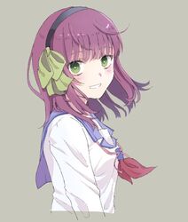  angel_beats! black_hairband blue_sailor_collar bow female green_eyes grin hairband hairbow looking_at_viewer nakamura_yuri negiko123123 protected_link purple_hair sailor_collar school_uniform serafuku shinda_sekai_sensen_uniform short_hair smile solo upper_body 