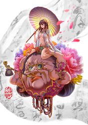  1other absurdres adjusting_eyewear bare_legs bracelet breasts brown_hair chains chinese_commentary chinese_text cleavage commentary_request covered_eyes earrings extra_arms falling_petals female fingernails flower full_body gold_chain gold_trim hair_between_eyes hair_flower hair_ornament hand_on_another&#039;s_thigh hehuolige highres holding holding_smoking_pipe holding_umbrella jewelry long_hair long_sleeves looking_at_viewer md5_mismatch medium_breasts mole mole_above_mouth mole_on_nose nail_polish navel_piercing oil-paper_umbrella open_clothes open_shirt orange_eyes orange_skirt original parted_lips petals piercing pink_flower pink_nails purple_flower see-through see-through_shirt shirt sitting skirt smoking_pipe sunglasses tinted_eyewear umbrella wide_sleeves yellow-framed_eyewear yellow_flower 