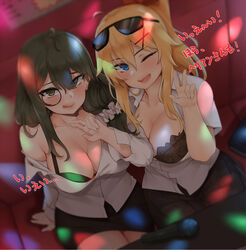  2girls ahoge bababababan bad_id bad_pixiv_id bare_shoulders black_bra black_skirt blue_eyes blush bra breasts cleavage collarbone commentary eyewear_on_head girls&#039;_frontline green_bra hair_between_eyes hair_ornament helianthus_(girls&#039;_frontline) highres kalina_(girls&#039;_frontline) large_breasts long_hair long_sleeves looking_at_viewer monocle multiple_girls oerba_yun_fang open_mouth ponytail shirt skin_fang skirt sunglasses underwear w white_shirt 