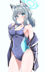  ahoge animal_ear_fluff animal_ears aqua_eyes bare_shoulders blue_archive blush breasts cleavage collarbone commentary_request competition_swimsuit covered_navel covered_nipples cowboy_shot extra_ears eyelashes female grey_hair hair_ornament halo highres legs_apart machismo_fuji medium_breasts medium_hair mismatched_pupils multicolored_clothes multicolored_swimsuit off_shoulder official_alternate_costume one-piece_swimsuit parted_lips shiny_skin shiroko_(blue_archive) shiroko_(swimsuit)_(blue_archive) sideboob simple_background skin_tight solo standing stomach swimsuit white_background wolf_ears 