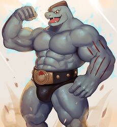  1boy abs arm_up bara bare_pectorals belt black_male_underwear blue_skin briefs bulge colored_skin dsharp fangs feet_out_of_frame flexing large_pectorals lying machoke male_focus male_underwear muscular muscular_male no_nipples on_back pectorals pokemon pokemon_(creature) pose red_eyes smile solo thick_thighs thighs tongue underwear 