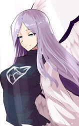  angel angel_wings bad_id bad_twitter_id blue_dress blue_eyes closed_mouth commentary_request dress feathered_wings female happy highres kamiya_ueshi long_hair long_sleeves multiple_wings sariel_(touhou) seraph shirt sidelocks smile touhou touhou_(pc-98) turtleneck upper_body very_long_hair white_hair white_shirt white_wings wide_sleeves wings 