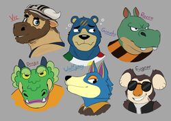  absurd_res animal_crossing anthro armor bear black_nose blue_body blue_eyes blue_fur bovid brown_body brown_clothing brown_fur brown_hair brown_topwear canid canine canis clothed clothing dinonugget_bird drago_(animal_crossing) dragon eugene_(animal_crossing) eyewear facial_hair facial_markings fangs fur green_body green_scales grey_background grin groucho_(animal_crossing) group hair head_markings headgear headshot_portrait helmet hi_res hippopotamid horn koala looking_aside looking_at_viewer male male_(lore) mammal markings marsupial multiple_images muzzle_(marking) mythological_creature mythological_scalie mythology nintendo orange_clothing orange_shirt orange_topwear pattern_clothing portrait rocco_(animal_crossing) scales scalie shirt simple_background smile snout snout_markings striped_clothing stripes sunglasses teeth text topwear vest vic_(animal_crossing) vombatiform white_clothing white_shirt white_topwear wolf wolfgang_(animal_crossing) 