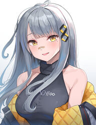  :d bandaid bandaid_on_face bandaid_on_nose bare_shoulders blunt_bangs breasts collarbone commentary constricted_pupils dot_nose female grey_hair hachi_(live_union) hair_ornament large_breasts light_blush live_union long_bangs long_hair looking_at_viewer mole mole_under_eye off_shoulder open_mouth parted_bangs puffy_sleeves shadow shirt shougun_(chuckni1) simple_background smile taut_clothes taut_shirt upper_body virtual_youtuber white_background yellow_eyes 