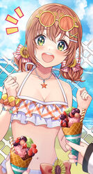  bikini bow bracelet breasts cleavage commentary_request eyewear_on_head female food frilled_bikini frills green_eyes hair_ornament hairbow highres honma_himawari honma_himawari_(13th_costume) ice_cream jewelry kashiwagi_touko necklace nijisanji open_mouth orange_hair scrunchie short_twintails solo star_(symbol) star_necklace sunglasses swimsuit twintails virtual_youtuber white_bikini wrist_scrunchie x_hair_ornament 