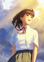  black_eyes black_hair commentary female grey_skirt happy_tears highres looking_to_the_side neck_ribbon open_mouth original papi_(papiron100) pleated_skirt red_ribbon ribbon school_uniform shirt short_hair short_sleeves skirt smile solo tearing_up tears teeth upper_teeth_only white_shirt 