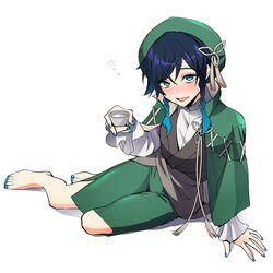  1boy aqua_eyes barefoot beret black_hair blue_hair blue_nails blush braid choko_(cup) cup drunk genshin_impact gradient_hair green_hat hair_between_eyes hat highres holding holding_cup japanese_clothes long_sleeves looking_at_viewer male_focus multicolored_hair nail_polish open_mouth otoko_no_ko parted_lips rome_romedo saliva simple_background sitting smile solo squeans suikou_(genshin_impact) tassel toenail_polish toenails toes twin_braids venti_(genshin_impact) white_background 