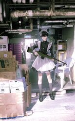  1boy ai_arctic_warfare animal_ears apron black_eyes black_footwear black_hair black_skirt bolt_action box buttons cardboard_box cat_boy cat_ears chair check_weapon commentary crossdressing day dress expressionless fake_animal_ears frilled_apron frills full_body grey_footwear gun highres holding holding_gun holding_weapon industrial_pipe ishida_(segu_ishida) juliet_sleeves kneehighs loafers long_sleeves looking_at_viewer maid maid_apron maid_headdress male_focus original puffy_sleeves rifle shadow shoes short_dress short_hair skirt smoking_pipe sniper_rifle socks solo standing symbol-only_commentary trigger_discipline weapon white_apron 