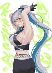  armpits bare_shoulders belt black_gloves black_shorts blue_eyes blue_hair bra_over_clothes breasts choker crop_top earrings feather_necklace female gloves grey_hair hair_ornament hairband halter_shirt halterneck highres hololive hololive_indonesia jewelry large_breasts long_hair looking_at_viewer multicolored_hair necklace o-ring o-ring_choker open_mouth pavolia_reine pavolia_reine_(streetwear) set7 shorts solo spiked_hairband spikes streaked_hair sunglasses teardrop_facial_mark tinted_eyewear virtual_youtuber white_belt yellow-tinted_eyewear 