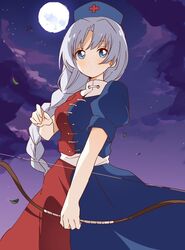  blue_eyes blue_hat bow_(weapon) braid cross dress female full_moon grey_hair hat holding holding_bow_(weapon) holding_weapon long_hair moon multicolored_clothes multicolored_dress namori_(style) night nurse_cap puffy_short_sleeves puffy_sleeves purple_sky red_cross sasaki_sakiko short_sleeves single_braid sky solo touhou very_long_hair weapon yagokoro_eirin 