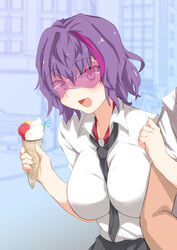  1boy :d between_breasts black_necktie black_skirt breasts candy candy_cane commentary_request female food girls&#039;_frontline head-mounted_display highres ice_cream ice_cream_cone large_breasts locked_arms multicolored_hair necktie necktie_between_breasts open_mouth purple_eyes purple_hair ripper_(girls&#039;_frontline) sangue_llia sangvis_ferri shirt short_hair skirt smile solo_focus streaked_hair upper_body white_shirt 