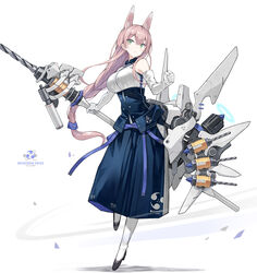  absurdres animal_ear_fluff animal_ears bare_shoulders black_footwear blue_dress braid breasts bright_pupils clenched_hand commentary_request cross-laced_clothes cross-laced_dress dress elbow_gloves english_text female fox_ears full_body gloves green_eyes hands_up highres holding holding_polearm holding_weapon large_breasts long_braid long_hair looking_at_viewer looking_to_the_side machinery mitsudomoe_(shape) momoyama_tsutsune original pantyhose parted_lips pink_hair poco_(asahi_age) polearm power_drill shoes simple_background single_braid sleeveless sleeveless_dress solo tomoe_(symbol) underbust very_long_hair weapon white_background white_gloves white_pantyhose white_pupils 