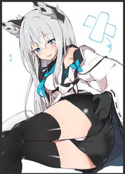  animal_ears aqua_eyes azur_lane bad_id bad_twitter_id black_border black_gloves black_hair black_shorts black_thighhighs blush border breasts caburi commentary crossed_bandaids crossed_bangs detached_sleeves eyes_visible_through_hair fallen_down female flying_sweatdrops fox_ears gloves grey_hair hair_between_eyes hand_on_own_ass highres kawakaze_(azur_lane) long_hair looking_at_viewer neckerchief nontraditional_miko panties pink_panties raised_eyebrow ribbon ribbon-trimmed_sleeves ribbon_trim shorts simple_background solo sweat thighhighs thighs underwear wavy_mouth white_background wide_sleeves zettai_ryouiki 