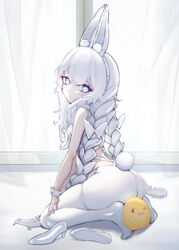  absurdres animal_ear_fluff animal_ears ass azur_lane bird blue_eyes braid breasts chick closed_mouth commentary fake_animal_ears female from_side high_heels highres le_malin_(azur_lane) le_malin_(listless_lapin)_(azur_lane) leotard long_hair looking_at_viewer looking_back manjuu_(azur_lane) no_shoes official_alternate_costume oukafafafa pantyhose playboy_bunny rabbit_ears rabbit_tail revision shoes sideboob small_breasts soles solo tail thigh_strap twin_braids twintails very_long_hair white_hair white_leotard white_pantyhose wrist_cuffs 