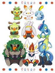  artist_name cinderace drizzile evolutionary_line furry grookey highres inteleon looking_at_viewer one_eye_closed open_mouth pokemon pokemon_(creature) raboot rillaboom saki_pokeoekaki scorbunny simple_background sitting sobble starter_pokemon_trio thwackey unown unownglyphics watermark 