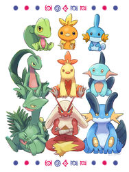  2022 3:4 ambiguous_gender anthro blaziken blue_body blue_eyes character_cipher combusken crossed_arms evolutionary_family feathers feral front_view generation_2_pokemon generation_3_pokemon green_body green_skin group grovyle hi_res looking_at_viewer marshtomp mudkip nintendo orange_body orange_feathers orange_sclera pokemon pokemon_(species) red_body red_feathers saki_pokeoekaki sceptile simple_background sitting smile starter_trio swampert text torchic translated treecko trio unown_(pokemon) unown_e unown_h unown_n unown_o unown_text white_background yellow_sclera 