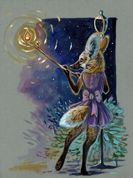  acrylic_painting_(artwork) anthro backless_clothing backless_dress bow_(feature) bow_dress cadmiumtea canid canine clothing dress female fire fuzzy_ears hi_res looking_away mammal maned_wolf night painting_(artwork) plant rear_view shrub sky solo star starry_sky stick street_lamp traditional_media_(artwork) 