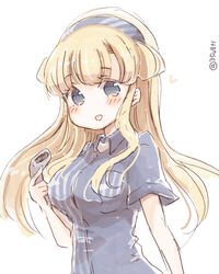  barcode_scanner blonde_hair blush breasts double_bun employee_uniform female fletcher_(kancolle) hair_bun kantai_collection large_breasts lawson long_hair miko_(35nikomi) one-hour_drawing_challenge shirt smile solo store_clerk striped_clothes striped_shirt twitter_username uniform upper_body vertical-striped_clothes vertical-striped_shirt white_background 