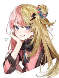  blonde_hair breasts cleavage cropped_torso female grin hair_bun hair_ornament hair_scrunchie head_rest headphones headphones_around_neck highres kotoka_torahime long_hair looking_at_viewer multicolored_hair nijisanji nijisanji_en pink_hair purple_eyes scrunchie shunka_tunacan simple_background smile solo star_(symbol) two-tone_hair upper_body v-shaped_eyebrows virtual_youtuber white_background x_hair_ornament 