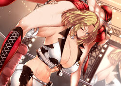  2girls abs aqua_eyes backbreaker blonde_hair breasts cleavage cowboy_shot dixie_clemets fighting hinomoto_reiko large_breasts multiple_girls one_eye_closed rumble_roses short_hair tobisawa toned wrestling wrestling_outfit wrestling_ring 