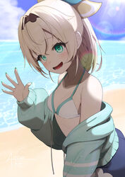  :d absurdres aqua_eyes aqua_jacket arm_at_side bare_shoulders beach bikini bikini_under_clothes blonde_hair blue_pants blue_sky breasts cleavage cloud collarbone cowboy_shot day eyelashes female from_side green_eyes green_nails hair_between_eyes hair_intakes hair_ornament hairband hand_up highres hololive horizon jacket kazama_iroha leaning_forward lens_flare light_blush long_sleeves lower_teeth_only lunch_boxer medium_hair nail_polish ocean off_shoulder open_mouth outdoors pants ponytail puffy_long_sleeves puffy_sleeves sky small_breasts smile solo swimsuit teeth virtual_youtuber water waving 