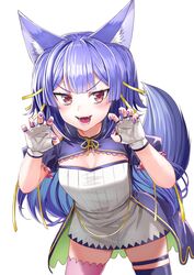  .live animal_ears breasts female fingerless_gloves fingernails gloves hair_between_eyes hair_ornament hcstyrus_ii highres long_hair oerba_yun_fang open_mouth purple_hair rurun_rururica simple_background small_breasts solo tail thighhighs virtual_youtuber white_background wolf_ears wolf_tail 