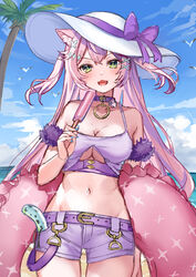  animal_ear_fluff animal_ears beach belt blue_nails breasts cat_ears cat_girl choker female food green_eyes hair_ornament hat holding holding_food holding_popsicle long_hair nijisanji nijisanji_kr official_alternate_costume pink_hair popsicle purple_belt purple_choker purple_shorts shorts solo sun_hat two_side_up virtual_youtuber white_hat x_hair_ornament yang_nari yang_nari_(2nd_costume) yuu_(kgjx3225) 