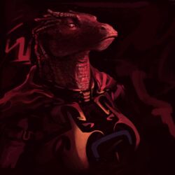  1:1 abstract_background alien anonymous_artist anthro armor assignment_risk_(series) bust_portrait cape clothed clothing daxy female hi_res looking_down portrait red_background red_body red_eyes red_scales reptile restricted_palette scales scalie simple_background solo source_request 