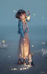  ahoge arm_up bad_id bad_twitter_id blue_jacket blunt_bangs brown_eyes brown_footwear brown_hair closed_mouth feline female fireflies from_side full_body highres holding holding_lantern holding_star jacket lantern lizchief long_skirt long_sleeves looking_at_viewer medium_hair original outdoors paper_boat scarf shoes signature skirt solo standing star_(symbol) 