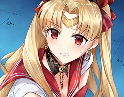  asle bishoujo_senshi_sailor_moon bishoujo_senshi_sailor_moon_s blonde_hair blush breasts chains choker cleavage collarbone cosplay derivative_work earrings embarrassed ereshkigal_(fate) eyes_visible_through_hair fate/grand_order fate_(series) female floor hair_ribbon jewelry long_hair looking_away looking_to_the_side magical_girl meme necklace parody parted_bangs photoshop_(medium) red_eyes red_ribbon red_sailor_collar ribbon sailor_collar sailor_moon sailor_moon_(cosplay) sailor_moon_redraw_challenge_(meme) sailor_senshi_uniform screenshot_redraw solo sweat tiara two_side_up unofficial_sailor_senshi_uniform upper_body 