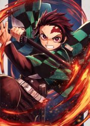  1boy belt brown_hair checkered_haori demon_slayer_uniform earrings fire highres jewelry kamado_tanjirou katana kimetsu_no_yaiba kuroi_susumu male_focus red_eyes scar scar_on_face scar_on_forehead sheath solo sword uniform weapon 