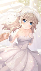  1other backlighting bare_shoulders blue_eyes blurry blurry_background blush breasts bridal_gauntlets bridal_veil charlotte_(anime) cleavage closed_mouth collarbone commentary_request commission cowboy_shot dress echiru39 eyelashes eyes_visible_through_hair female fingernails floating_clothes floating_hair floral_print from_above glint gloves grey_hair hair_between_eyes hair_down hands_up highres holding_hands jewelry light_particles long_dress long_hair looking_at_viewer medium_breasts ring rose_print second-party_source sidelocks skeb_commission smile solo_focus standing staring strapless strapless_dress tomori_nao veil wavy_hair wedding wedding_dress wedding_ring white_dress white_gloves wind wind_lift 