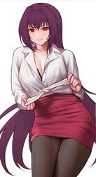  bra breasts cleavage dress_shirt fate/grand_order fate_(series) female hair_intakes high-waist_skirt highres hua-j knot large_breasts long_hair looking_at_viewer pantyhose purple_hair red_eyes scathach_(fate) shirt skirt solo unbuttoned underwear very_long_hair 