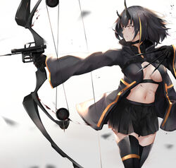  absurdres armored_boots arrow_(projectile) between_fingers black_choker black_coat black_gloves black_hair black_skirt blurry boots bow_(weapon) breasts breasts_apart bruise choker coat commentary_request compound_bow cowboy_shot crop_top female gloves highres holding horns injury kisaki_oni large_breasts looking_away midriff miniskirt multicolored_hair navel no_bra oni_horns open_clothes open_coat original outstretched_arm partial_commentary pleated_skirt revealing_clothes short_hair skirt solo stomach streaked_hair thigh_boots thighhighs weapon white_background yellow_eyes zettai_ryouiki 