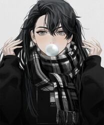  black_hair black_shirt blackbox_(blackbox9158) blowing_bubbles chewing_gum commentary female grey_background grey_eyes hair_between_eyes hands_up highres long_sleeves looking_at_viewer omniscient_reader&#039;s_viewpoint scarf shirt solo striped_clothes striped_scarf symbol-only_commentary twintails upper_body white_background yoo_mia 