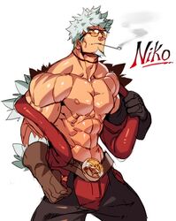  1boy abs asymmetrical_gloves bara bare_pecs black_gloves brown_pants bulge crotchless crotchless_pants elbow_gloves facial_hair gloves goatee gyee jacket male_focus muscular muscular_male na_insoo navel niko_(gyee) nipples open_clothes open_jacket pants pectorals red_eyes red_jacket short_hair sleeveless sleeveless_jacket smoking solo spiked_hair stomach sunglasses thick_thighs thighs undressing white_hair 